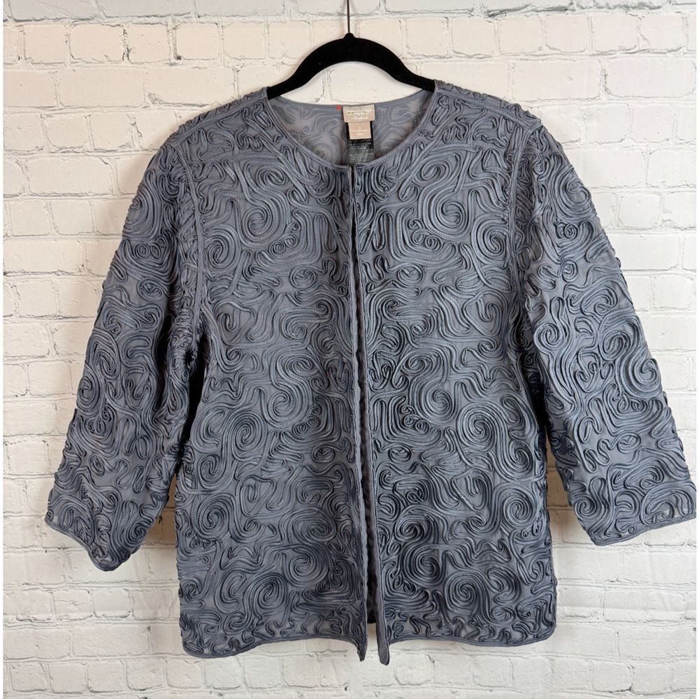 CHICO'S Travelers gray soutache embroidered swirl semi-sheer jacket 2 (12/14)